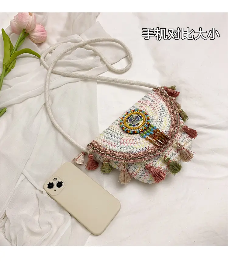 Straw Tassel Crossbody Bag with Embroidered Ball — feature 6