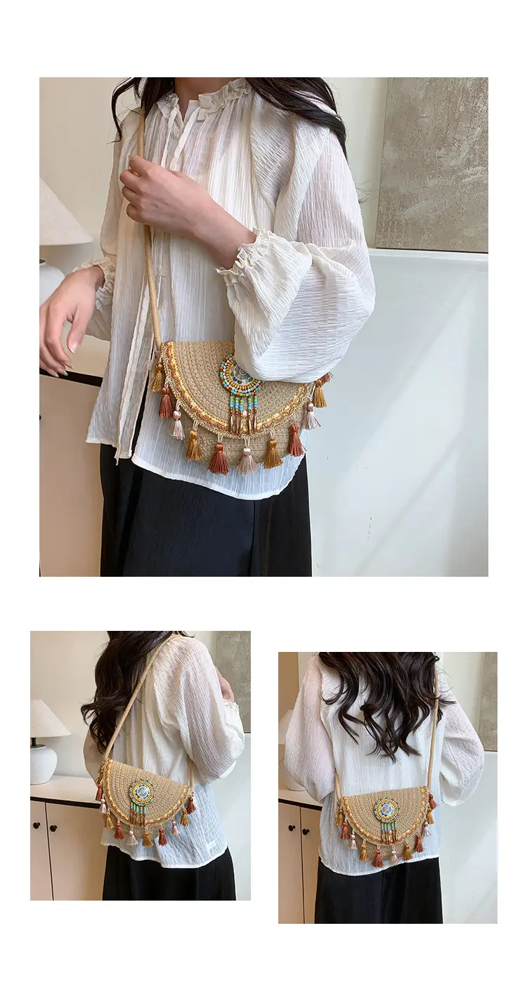 Straw Tassel Crossbody Bag with Embroidered Ball — feature 9