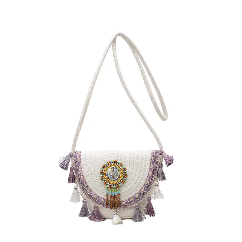 Straw Tassel Crossbody Bag with Embroidered Ball