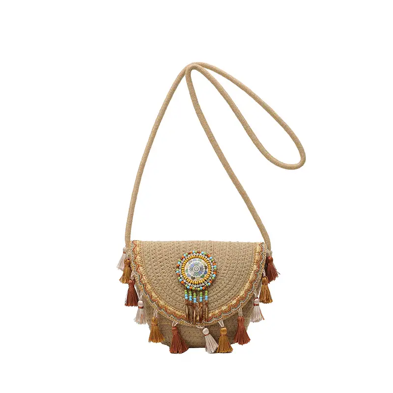 Straw Tassel Crossbody Bag with Embroidered Ball
