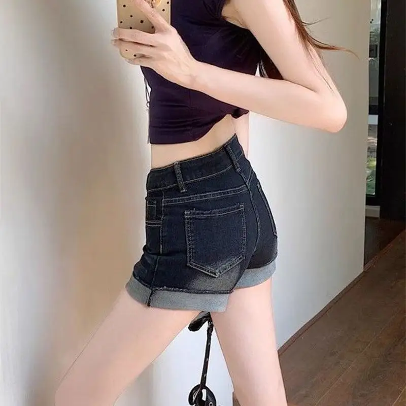 Dark Blue Rolled Edge Denim Shorts for Women 2025 - Image 4
