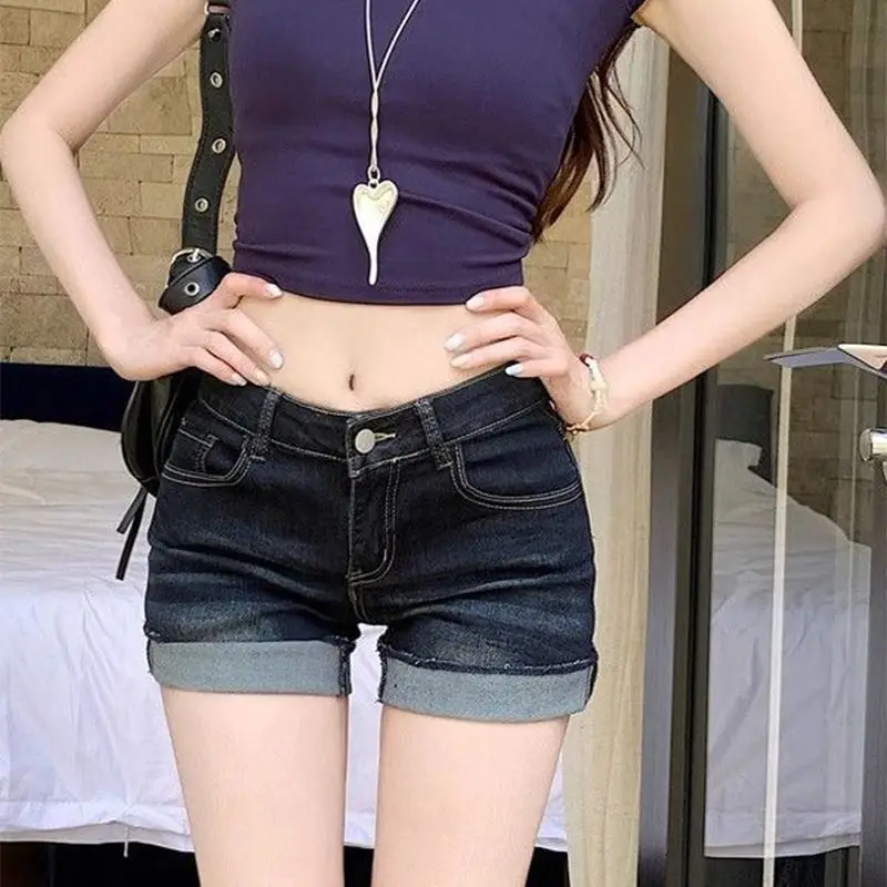 Dark Blue Rolled Edge Denim Shorts for Women 2025 - Image 5