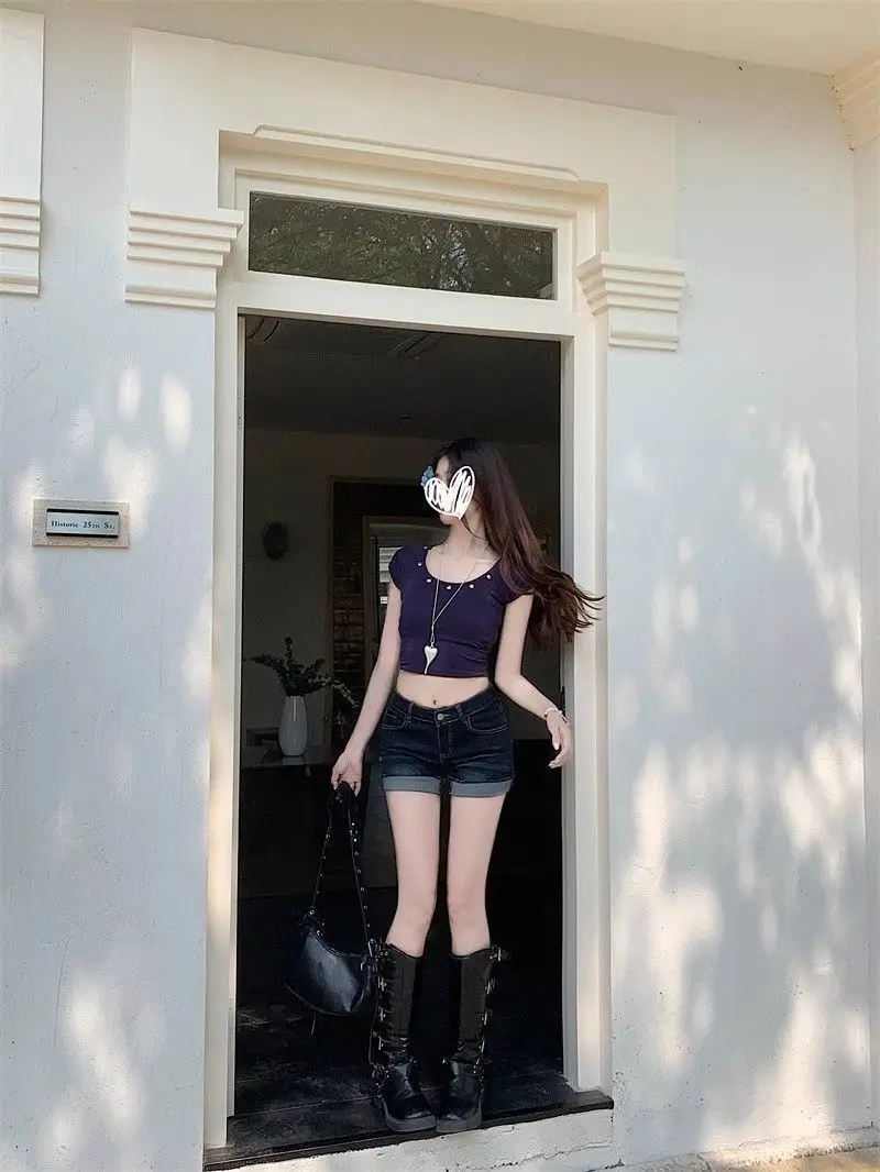 Dark Blue Rolled Edge Denim Shorts for Women 2025 — feature 16