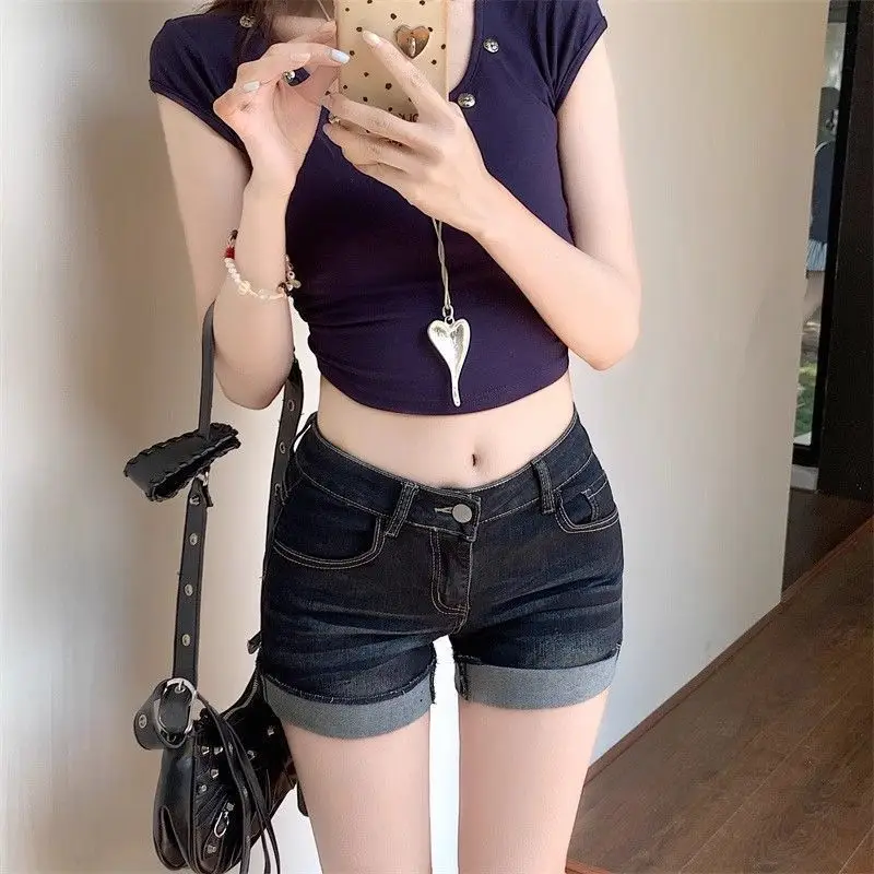Dark Blue Rolled Edge Denim Shorts for Women 2025 — feature 3