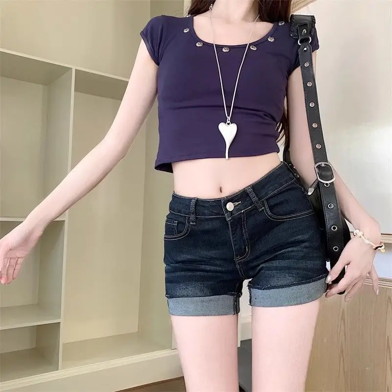 Dark Blue Rolled Edge Denim Shorts for Women 2025 — feature 4