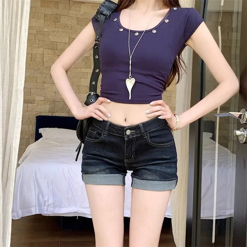 Dark Blue Rolled Edge Denim Shorts for Women 2025 — feature 9
