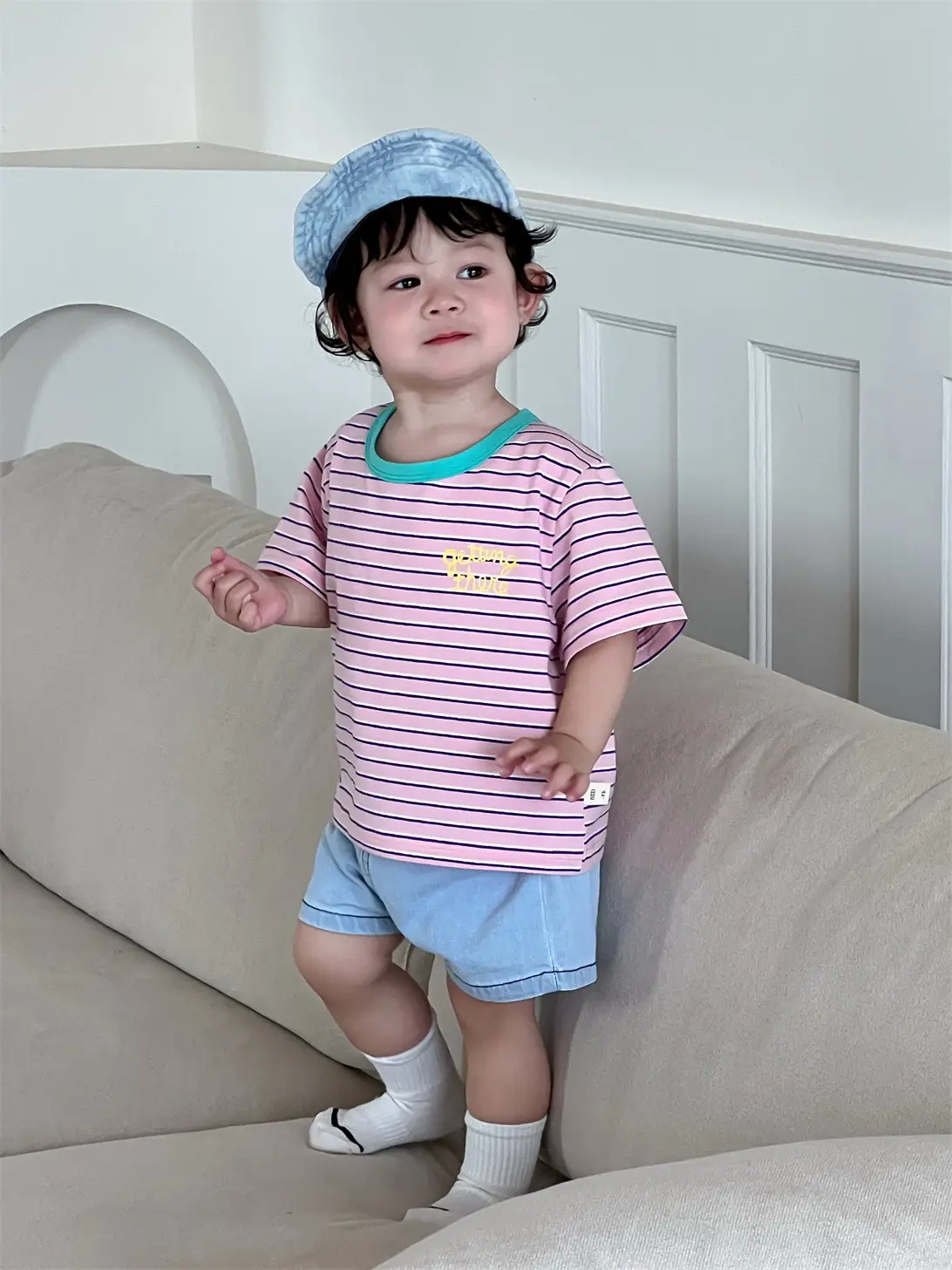Kids Striped T-Shirt Denim Shorts Suit Boys New