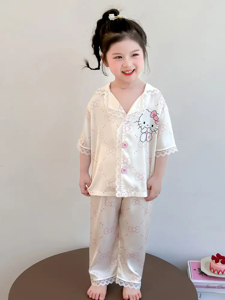 Girls' Pajamas 2025 New Children's Summer Ice Silk Short Sleeve Lace suit Cartoon Cute Baby Girl Home Clothes
