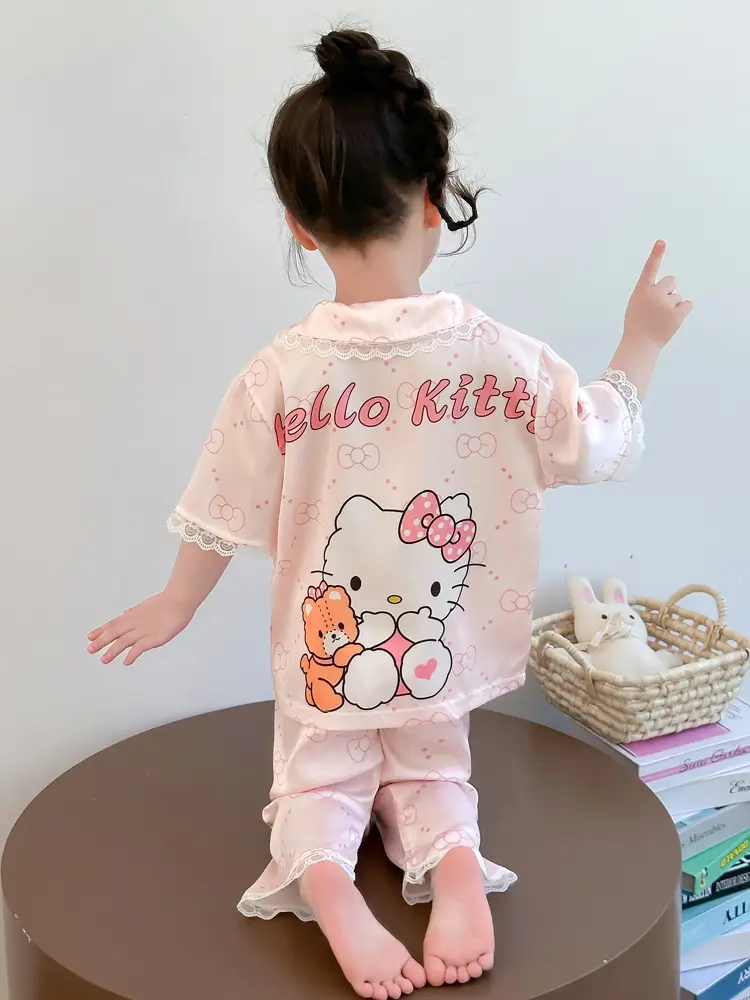 Girls' Pajamas 2025 New Children's Summer Ice Silk Short Sleeve Lace suit Cartoon Cute Baby Girl Home Clothes