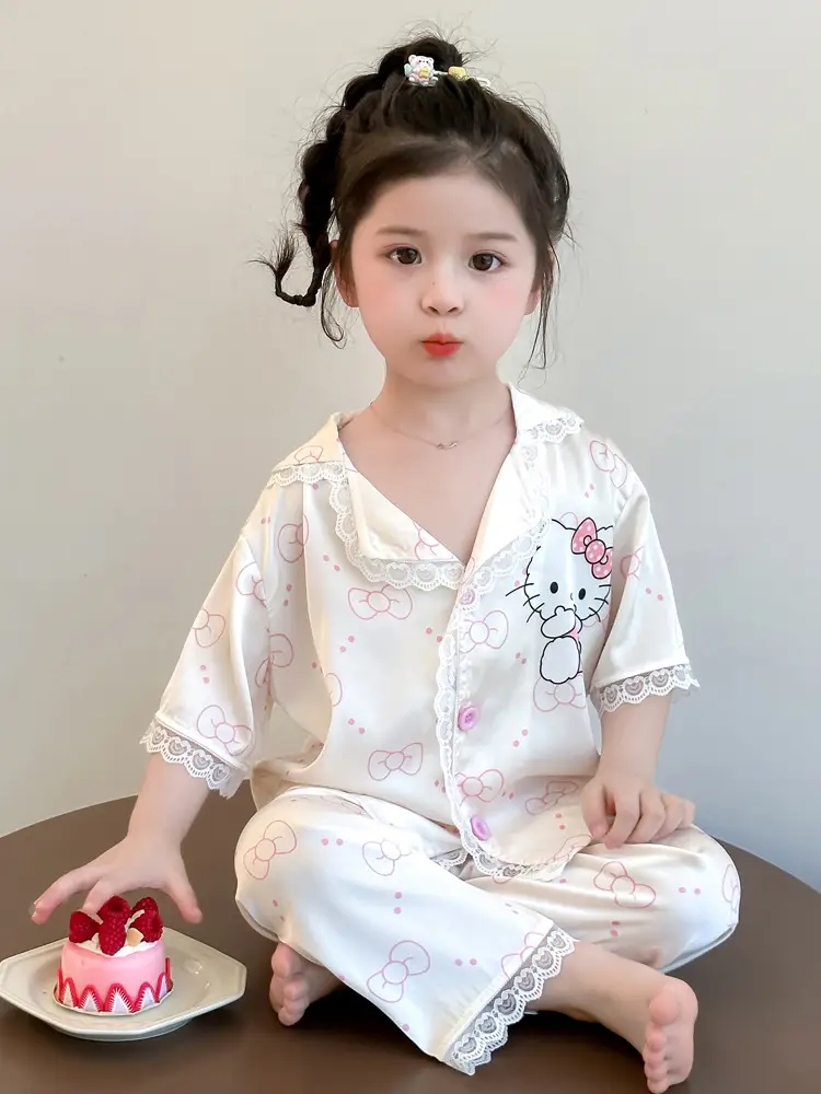 Girls' Pajamas 2025 New Children's Summer Ice Silk Short Sleeve Lace suit Cartoon Cute Baby Girl Home Clothes