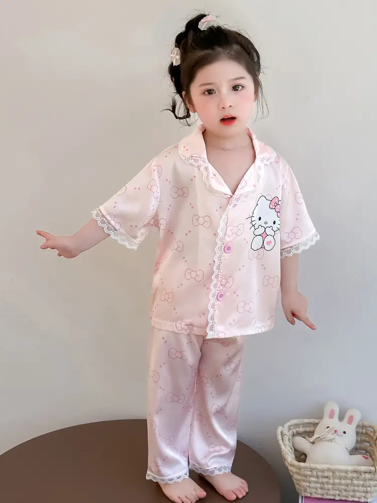 Girls' Pajamas 2025 New Children's Summer Ice Silk Short Sleeve Lace suit Cartoon Cute Baby Girl Home Clothes