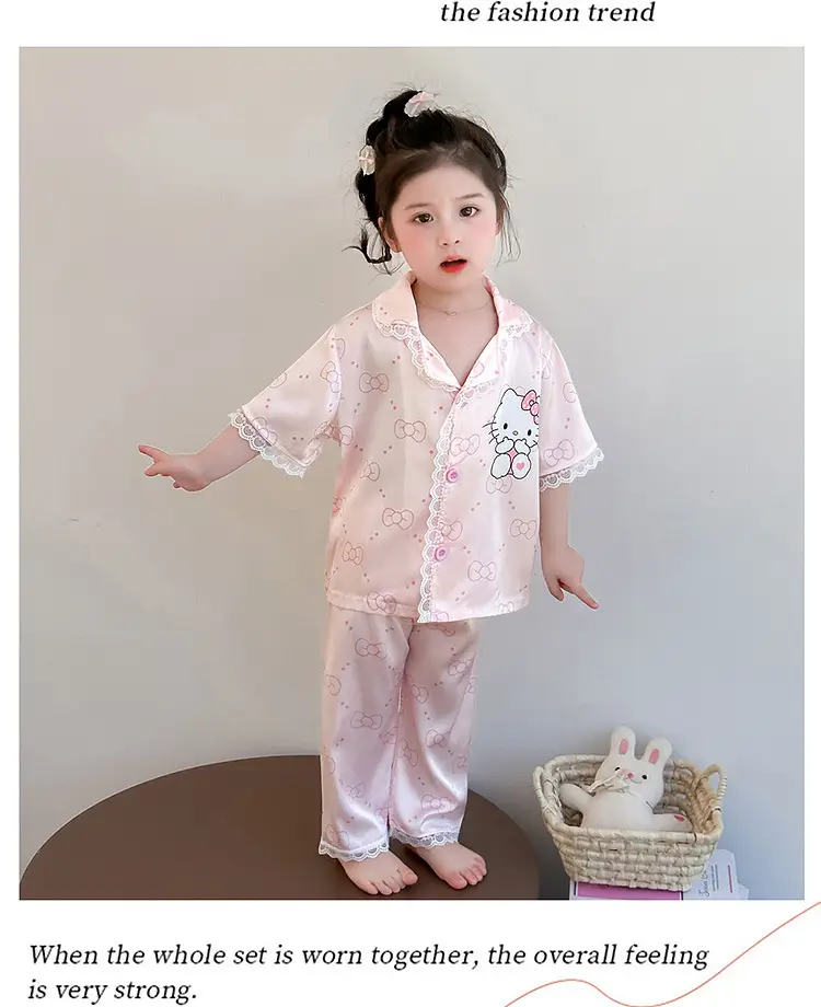 Girls' Pajamas 2025 New Children's Summer Ice Silk Short Sleeve Lace suit Cartoon Cute Baby Girl Home Clothes — feature 10