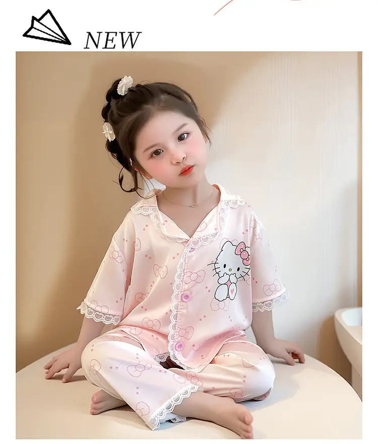 Girls' Pajamas 2025 New Children's Summer Ice Silk Short Sleeve Lace suit Cartoon Cute Baby Girl Home Clothes — feature 11