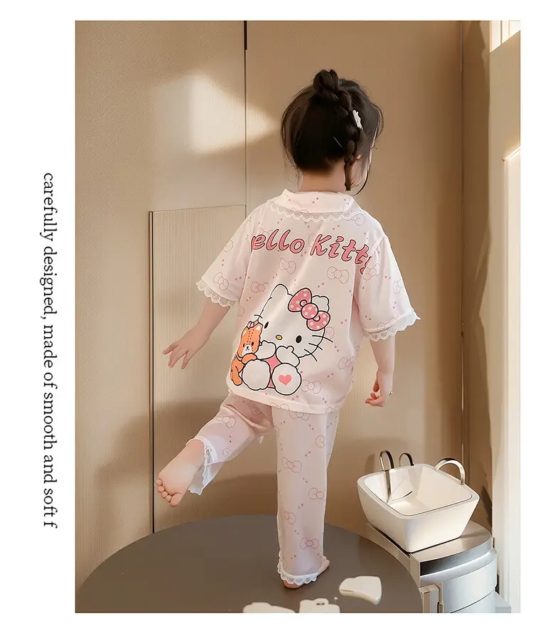 Girls' Pajamas 2025 New Children's Summer Ice Silk Short Sleeve Lace suit Cartoon Cute Baby Girl Home Clothes — feature 12