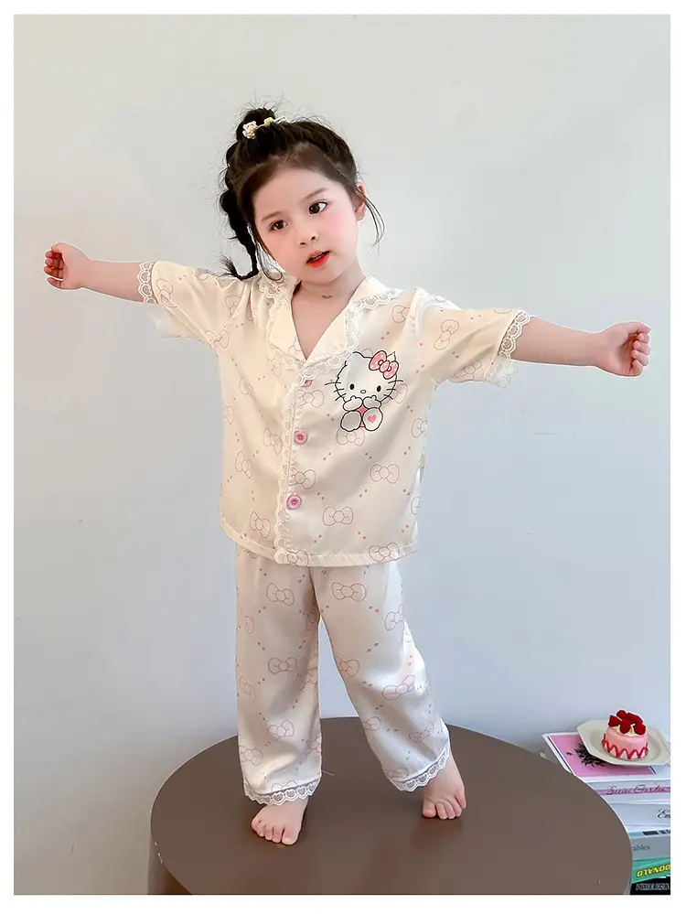 Girls' Pajamas 2025 New Children's Summer Ice Silk Short Sleeve Lace suit Cartoon Cute Baby Girl Home Clothes — feature 13
