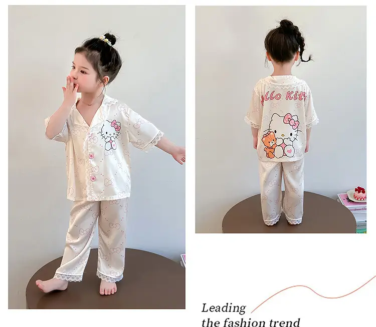 Girls' Pajamas 2025 New Children's Summer Ice Silk Short Sleeve Lace suit Cartoon Cute Baby Girl Home Clothes — feature 14