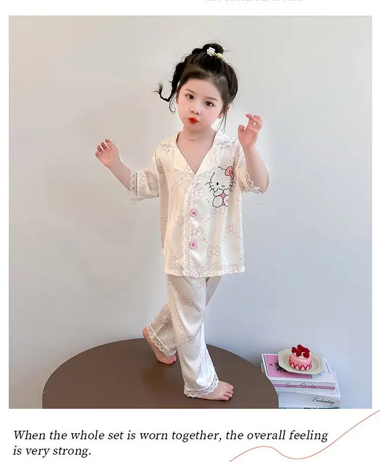 Girls' Pajamas 2025 New Children's Summer Ice Silk Short Sleeve Lace suit Cartoon Cute Baby Girl Home Clothes — feature 15