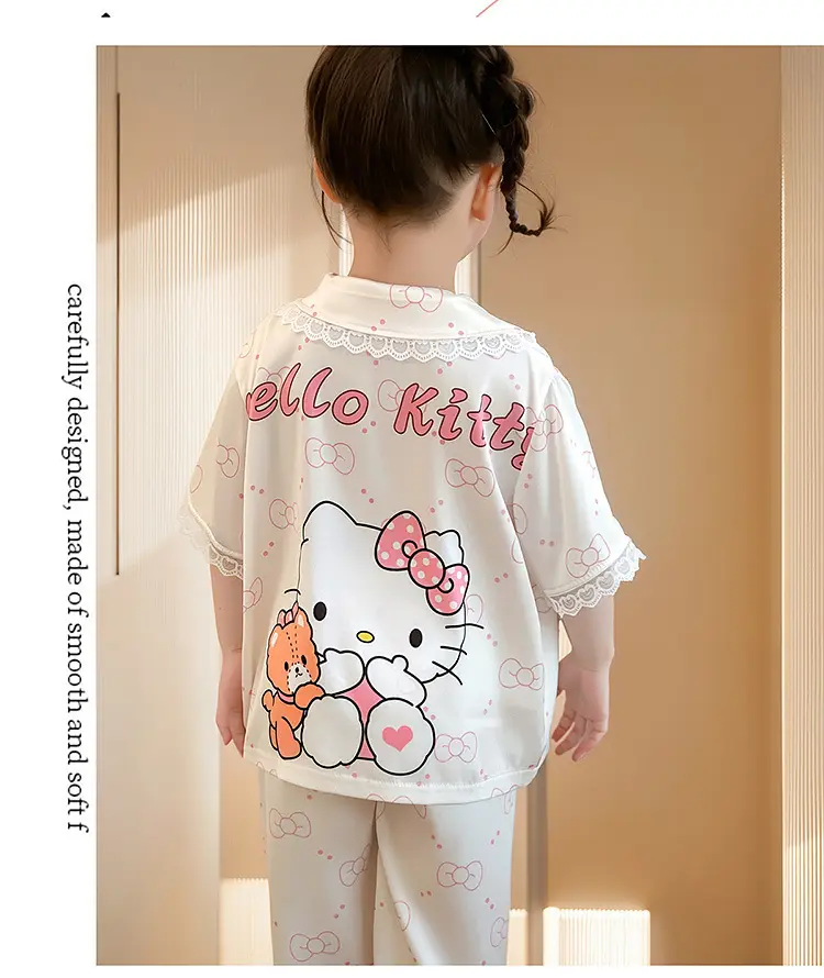 Girls' Pajamas 2025 New Children's Summer Ice Silk Short Sleeve Lace suit Cartoon Cute Baby Girl Home Clothes — feature 16