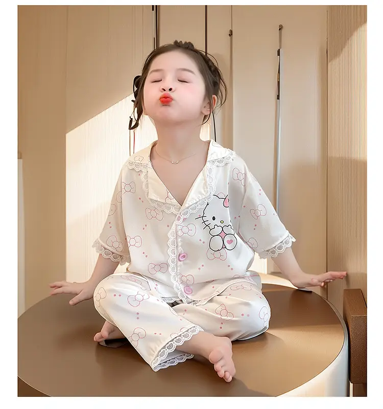 Girls' Pajamas 2025 New Children's Summer Ice Silk Short Sleeve Lace suit Cartoon Cute Baby Girl Home Clothes — feature 17