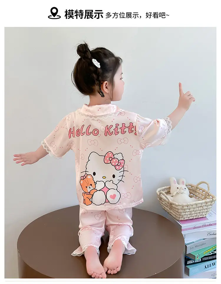 Girls' Pajamas 2025 New Children's Summer Ice Silk Short Sleeve Lace suit Cartoon Cute Baby Girl Home Clothes — feature 8