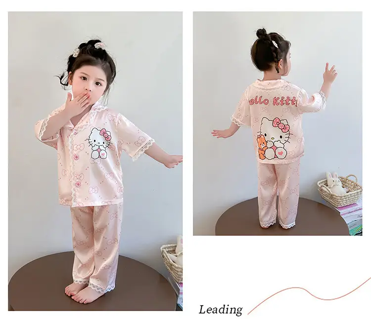 Girls' Pajamas 2025 New Children's Summer Ice Silk Short Sleeve Lace suit Cartoon Cute Baby Girl Home Clothes — feature 9