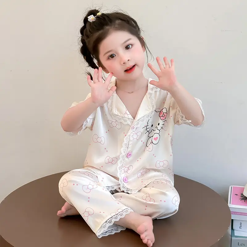 Girls' Pajamas 2025 New Children's Summer Ice Silk Short Sleeve Lace suit Cartoon Cute Baby Girl Home Clothes