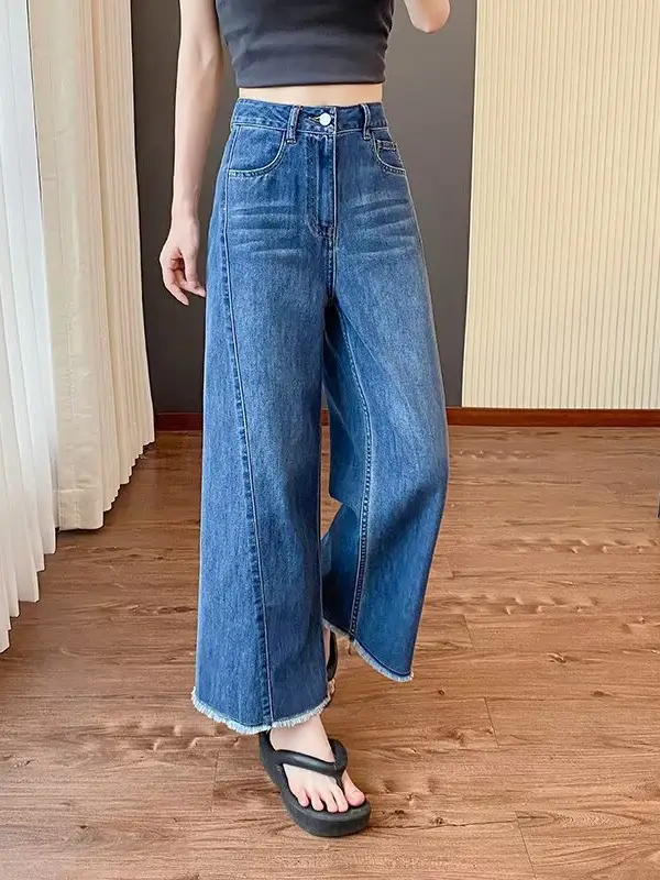 plus size Women's Summer New Straight-Leg Jeans Slimming Chubby Sister Pear-Shaped Body Loose Wide-Leg Pants for Small Men