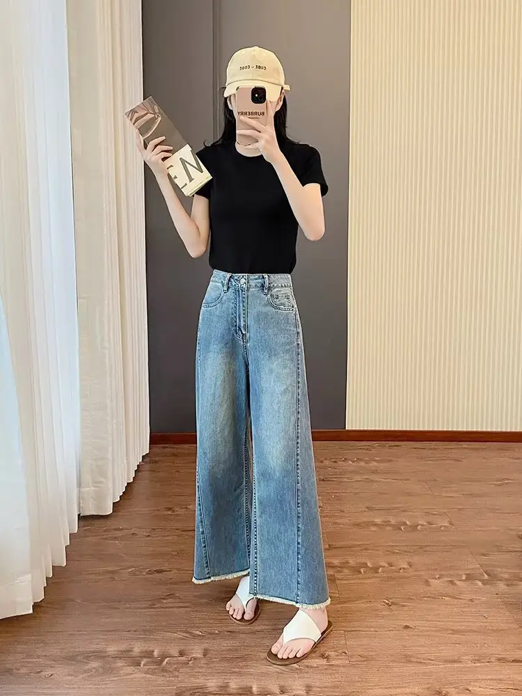 plus size Women's Summer New Straight-Leg Jeans Slimming Chubby Sister Pear-Shaped Body Loose Wide-Leg Pants for Small Men — feature 11