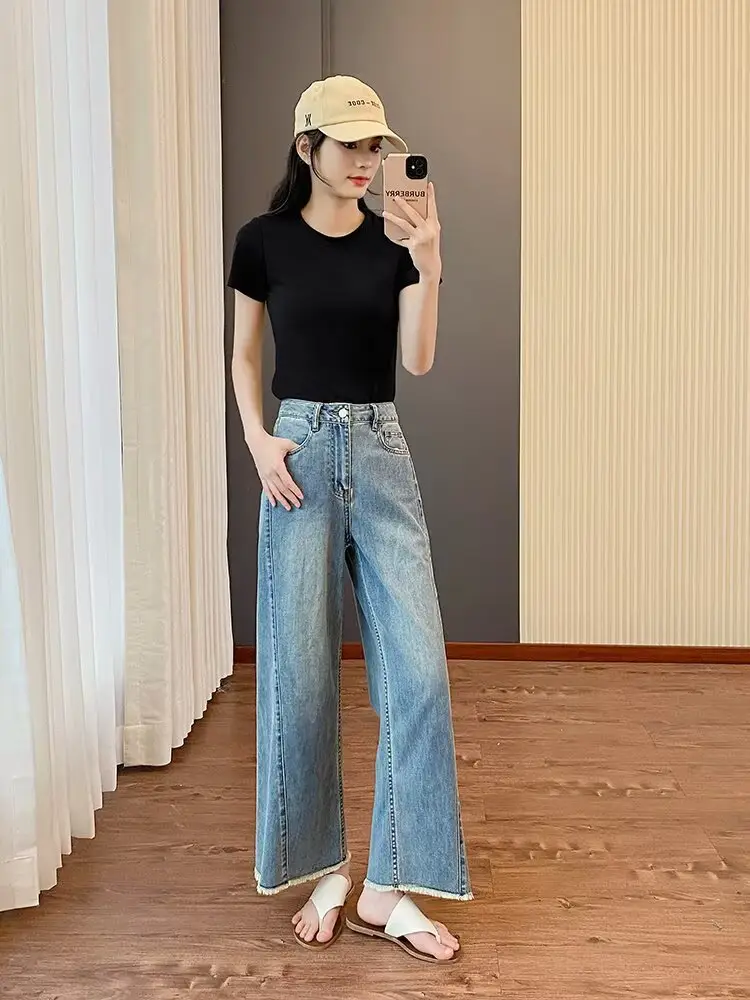 plus size Women's Summer New Straight-Leg Jeans Slimming Chubby Sister Pear-Shaped Body Loose Wide-Leg Pants for Small Men — feature 12