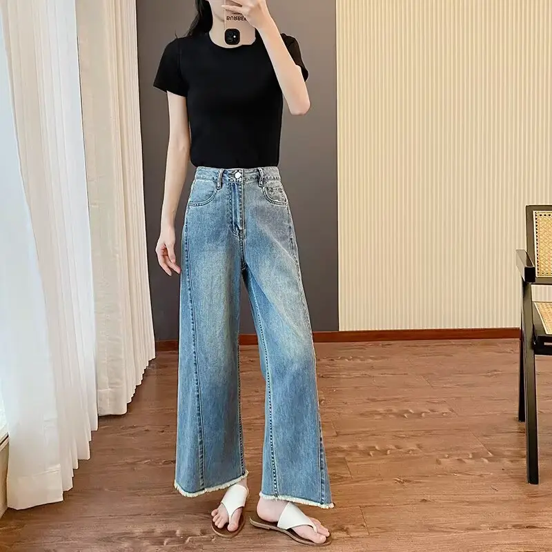 plus size Women's Summer New Straight-Leg Jeans Slimming Chubby Sister Pear-Shaped Body Loose Wide-Leg Pants for Small Men — feature 13