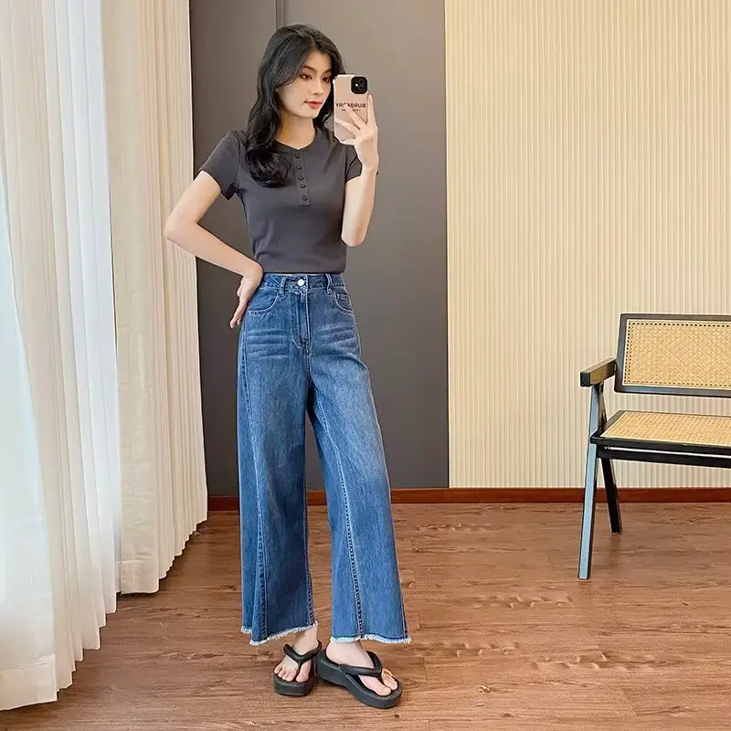 plus size Women's Summer New Straight-Leg Jeans Slimming Chubby Sister Pear-Shaped Body Loose Wide-Leg Pants for Small Men — feature 16