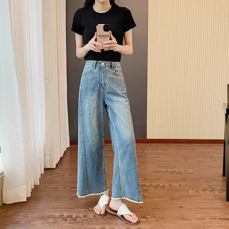 plus size Women's Summer New Straight-Leg Jeans Slimming Chubby Sister Pear-Shaped Body Loose Wide-Leg Pants for Small Men — feature 7