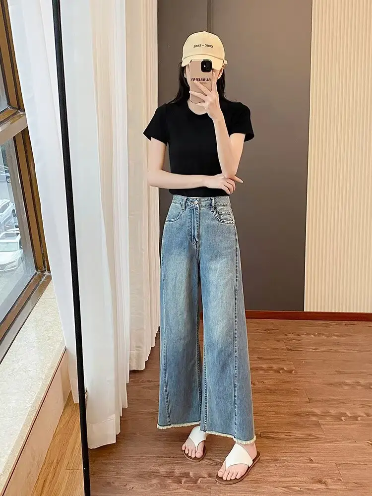 plus size Women's Summer New Straight-Leg Jeans Slimming Chubby Sister Pear-Shaped Body Loose Wide-Leg Pants for Small Men — feature 8