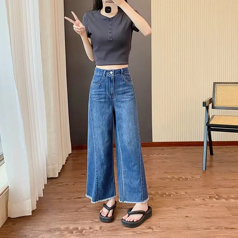 plus size Women's Summer New Straight-Leg Jeans Slimming Chubby Sister Pear-Shaped Body Loose Wide-Leg Pants for Small Men