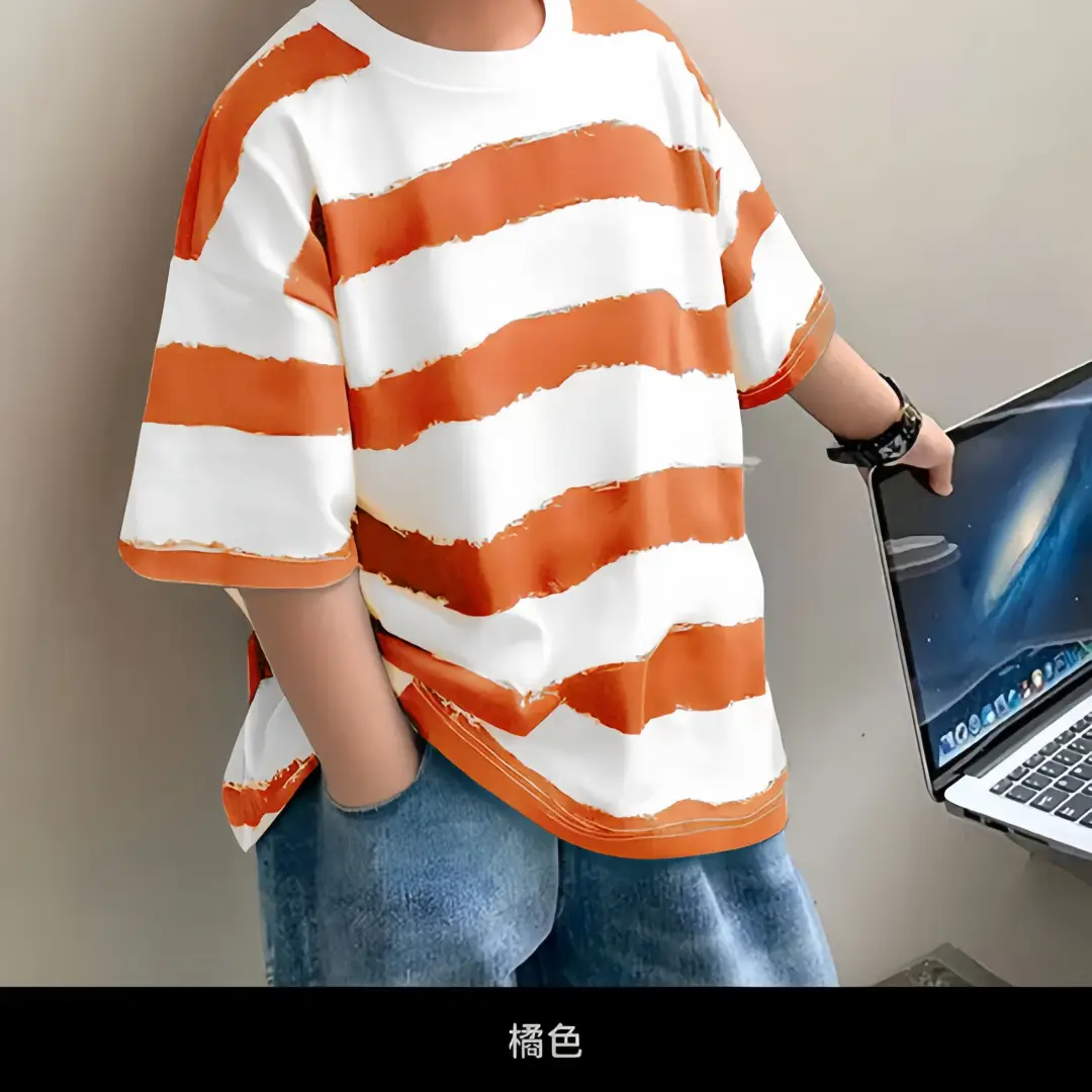 Kids Cotton Striped T-Shirt Green White Korean Style