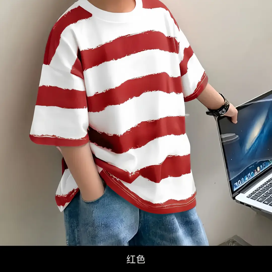 Kids Cotton Striped T-Shirt Green White Korean Style