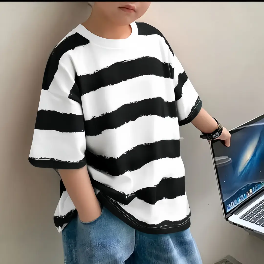 Kids Cotton Striped T-Shirt Green White Korean Style