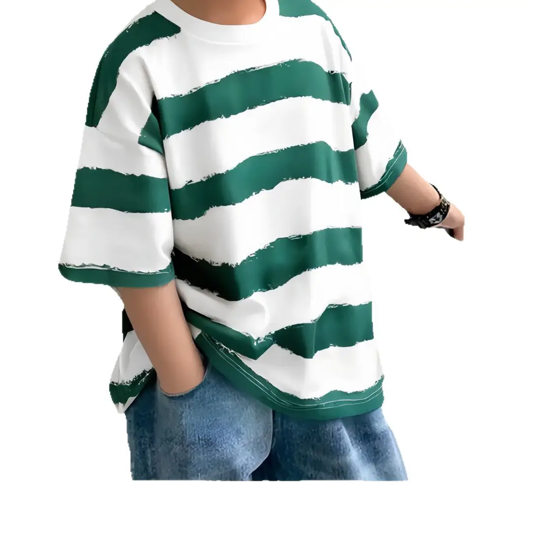Kids Cotton Striped T-Shirt Green White Korean Style