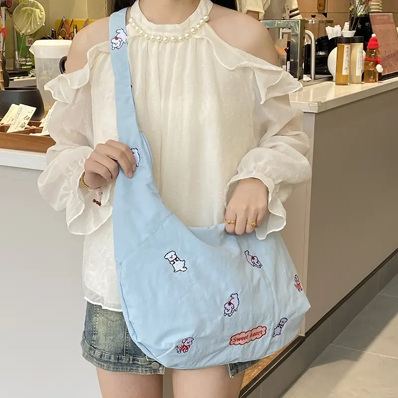 2025 Spring Bag Embroidered Floral Canvas Crossbody Student Bag - Image 5