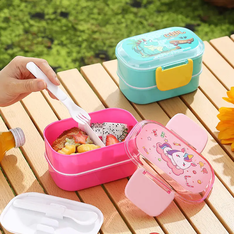 Cartoon Creative Children's Double-Layer Snap Lunch Box Student Canteen Packing Lunch Lunch Box Portable with Tableware Fork Spoon
