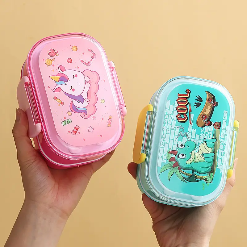 Cartoon Creative Children's Double-Layer Snap Lunch Box Student Canteen Packing Lunch Lunch Box Portable with Tableware Fork Spoon