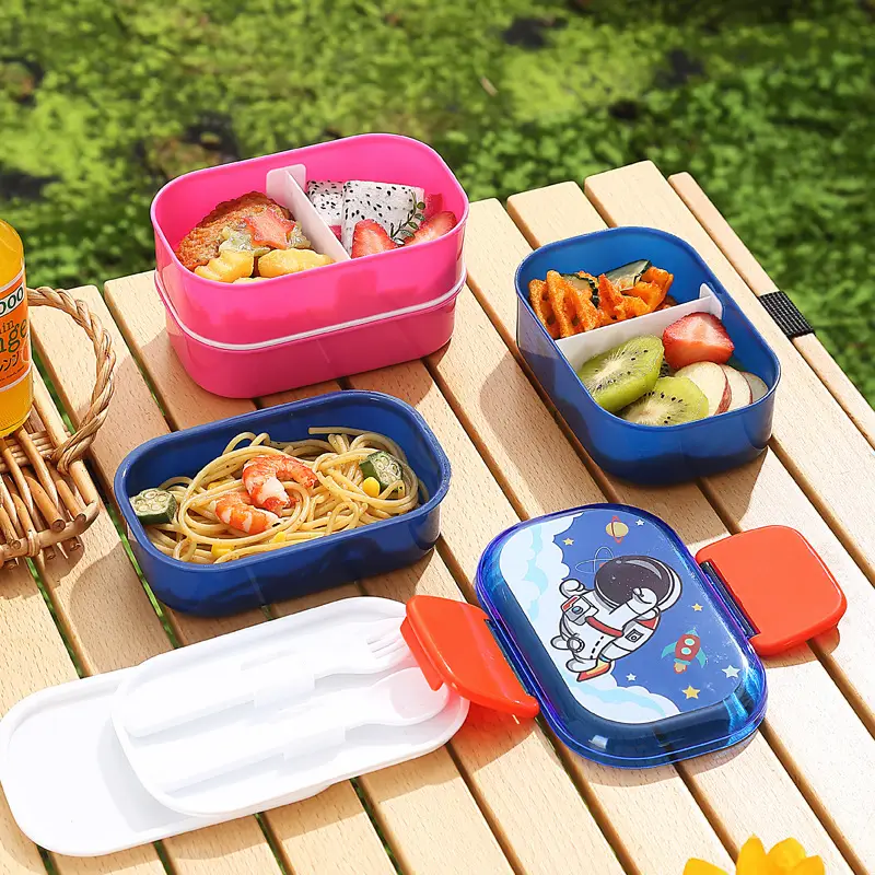 Cartoon Creative Children's Double-Layer Snap Lunch Box Student Canteen Packing Lunch Lunch Box Portable with Tableware Fork Spoon