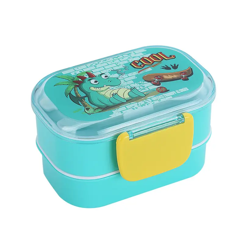 Cartoon Creative Children's Double-Layer Snap Lunch Box Student Canteen Packing Lunch Lunch Box Portable with Tableware Fork Spoon