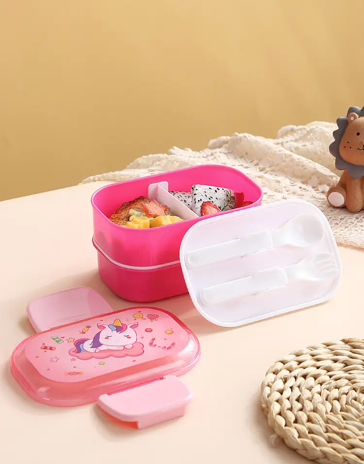 Cartoon Creative Children's Double-Layer Snap Lunch Box Student Canteen Packing Lunch Lunch Box Portable with Tableware Fork Spoon — feature 18