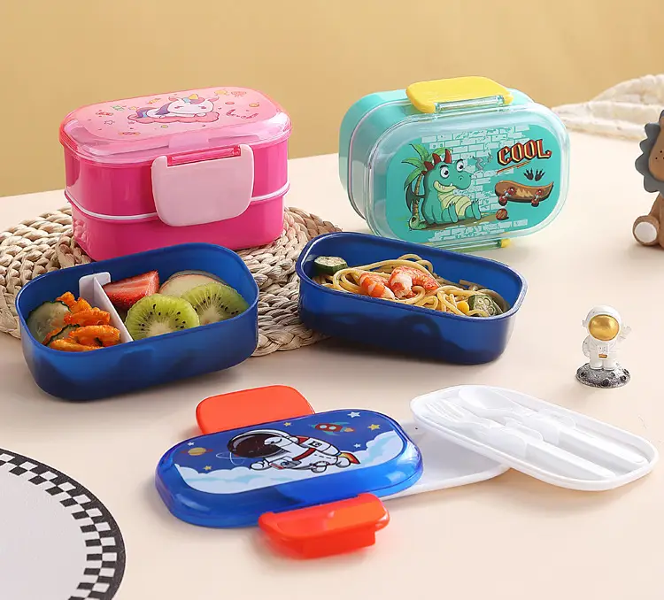 Cartoon Creative Children's Double-Layer Snap Lunch Box Student Canteen Packing Lunch Lunch Box Portable with Tableware Fork Spoon — feature 2