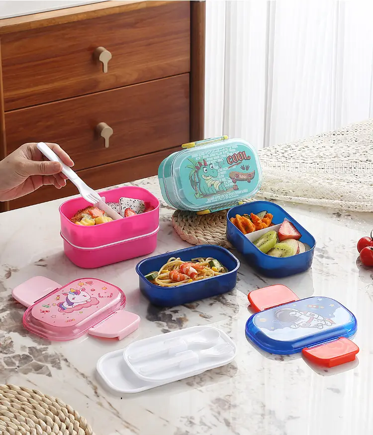 Cartoon Creative Children's Double-Layer Snap Lunch Box Student Canteen Packing Lunch Lunch Box Portable with Tableware Fork Spoon — feature 7