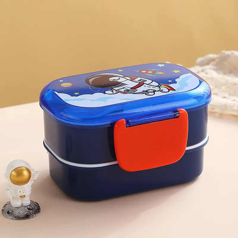 Cartoon Creative Children's Double-Layer Snap Lunch Box Student Canteen Packing Lunch Lunch Box Portable with Tableware Fork Spoon