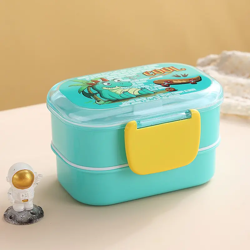 Cartoon Creative Children's Double-Layer Snap Lunch Box Student Canteen Packing Lunch Lunch Box Portable with Tableware Fork Spoon