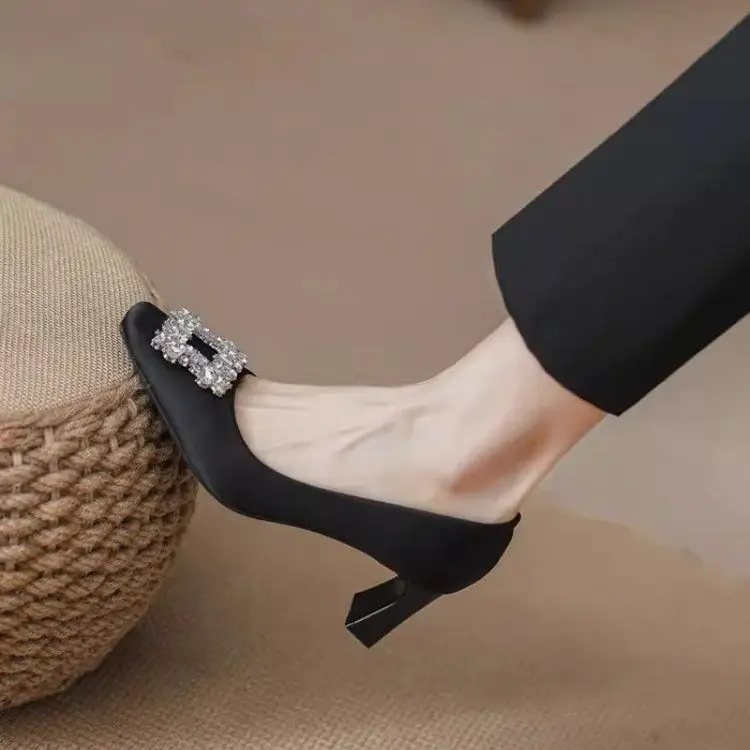 French-Style Square-Toe Chunky Heel Shoes for Women, 2026 Spring and Autumn New Style, Shallow Mid-Heel Black High Heels That Are Comfortable - Image 2