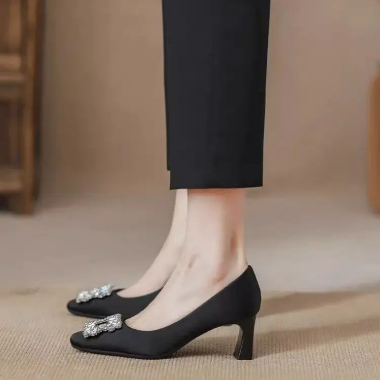 French-Style Square-Toe Chunky Heel Shoes for Women, 2026 Spring and Autumn New Style, Shallow Mid-Heel Black High Heels That Are Comfortable - Image 3